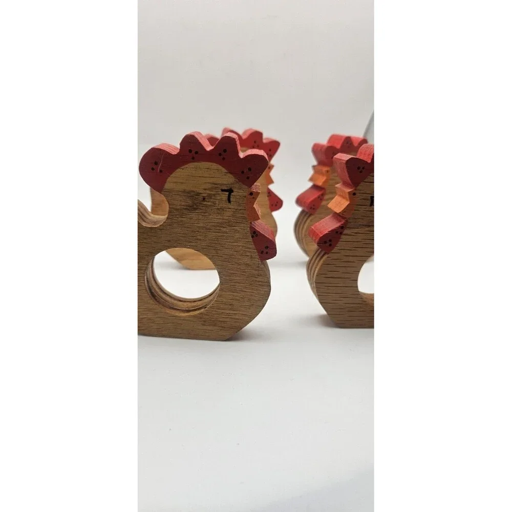 Set of 4 Wood Chicken Napkin Rings Hand Painted Country Farmhouse Decor Vtg